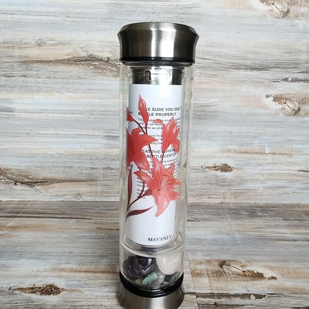 Mavanly Crystal Gem Infusion Bottle Double Glass Tea Tumbler Red Lily with Sleev